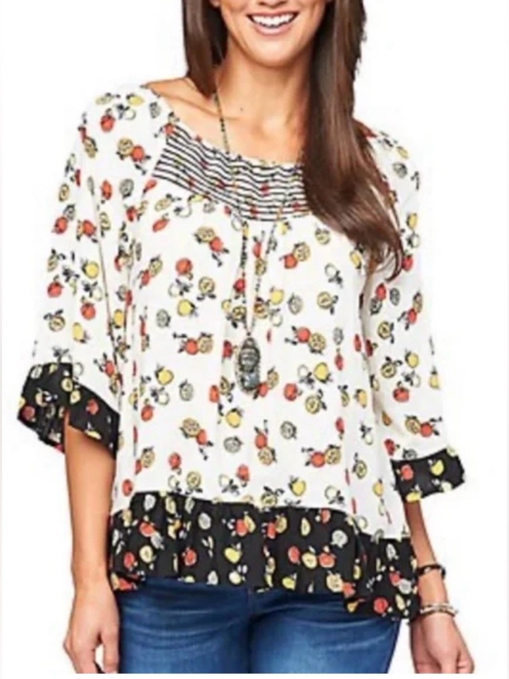 Blouse Fruit Print Democracy Ruffle-Hem Sleeves Peasant Top Womens L